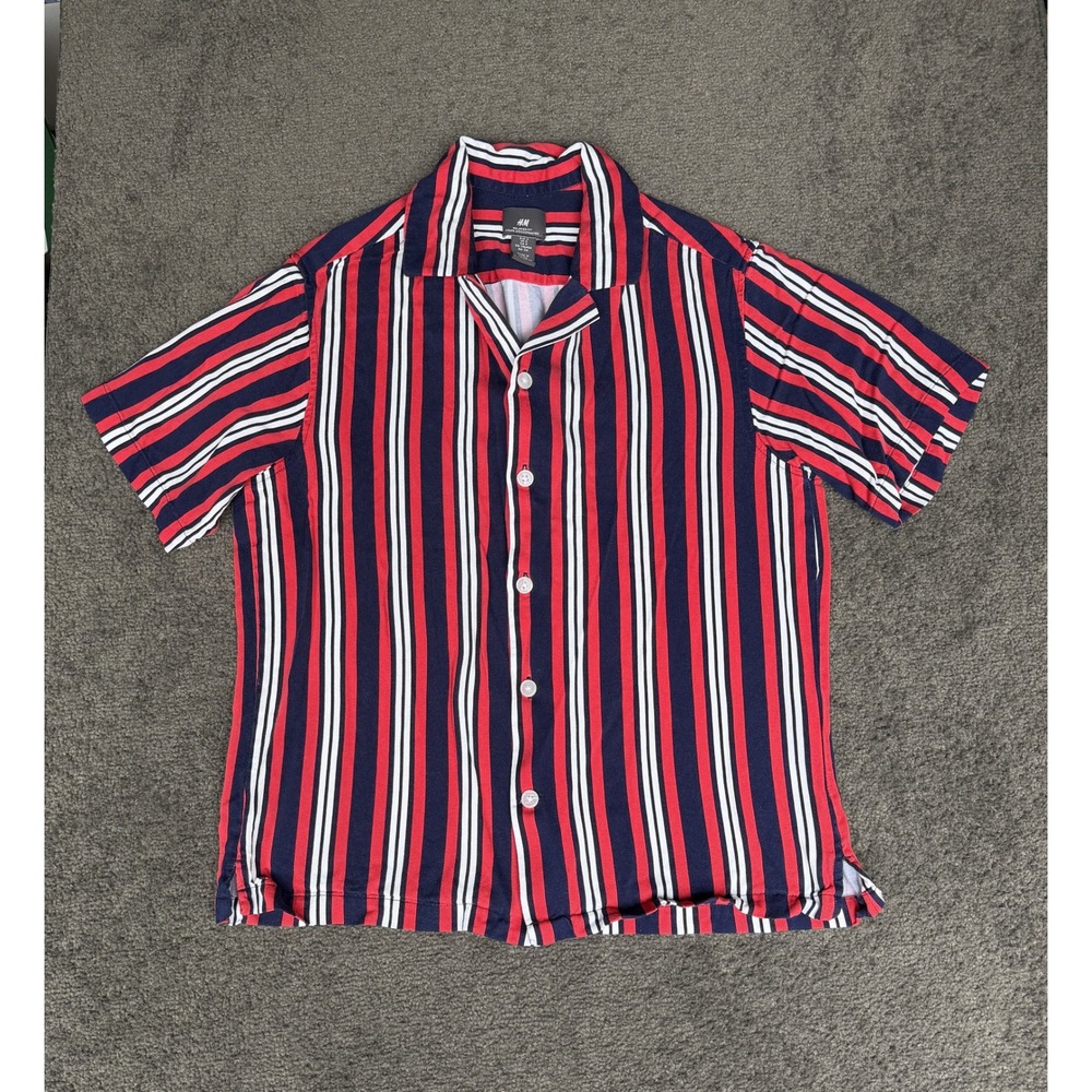 H&M Relaxed Fit Short Sleeve Button Up Shirt Red Navy White Vertical Stripe S